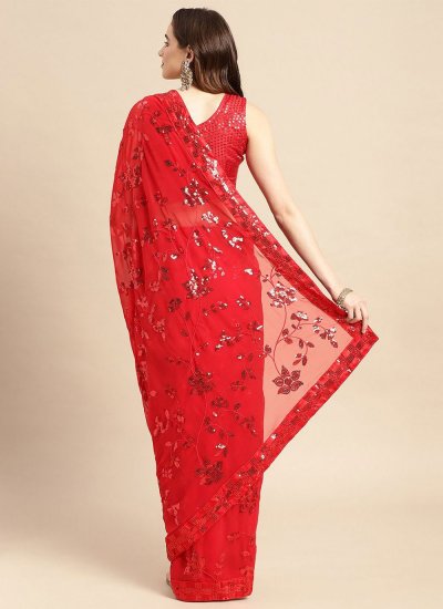 Art Silk Red Sequins Classic Saree