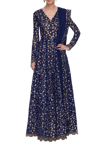 Art Silk Sequins Navy Blue Designer Gown