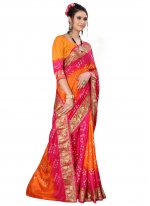 Art Silk Traditional Designer Saree in Hot Pink and Orange
