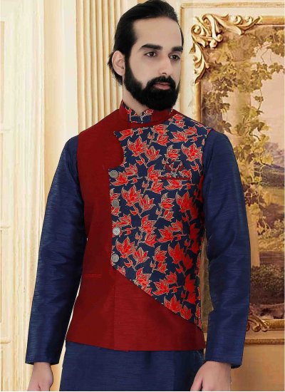 Art Silk Weaving Nehru Jackets in Maroon and Navy Blue
