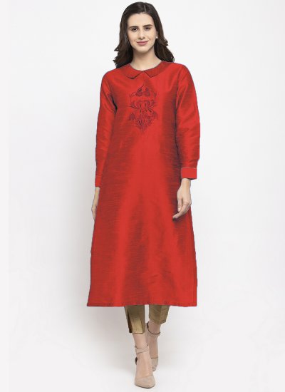 Artistic Embroidered Red Party Wear Kurti