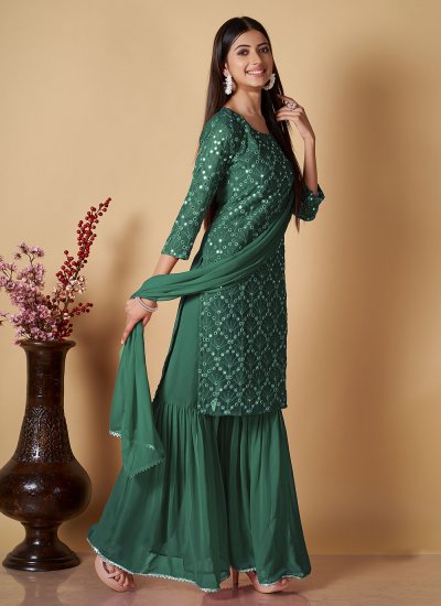 Artistic Sequins Green Georgette Palazzo Suit