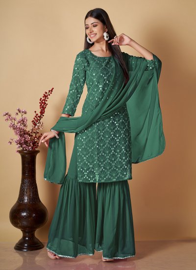 Artistic Sequins Green Georgette Palazzo Suit