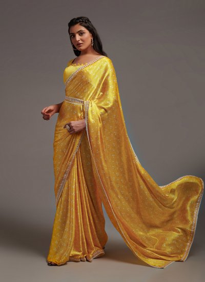 Aspiring Printed Yellow Satin Saree