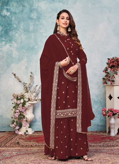 Astonishing Art Silk Maroon Embroidered Designer Pakistani Salwar Suit