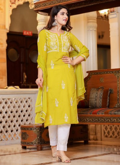 Astonishing Cotton Lucknowi work Yellow Pant Style Suit