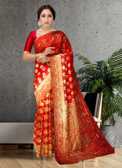 Astonishing Embroidered Red Kanjivaram Silk Trendy Saree