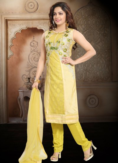 Astounding Embroidered Mustard Net Straight Salwar Suit