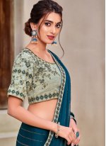 Astounding Embroidered Teal Faux Chiffon Classic Designer Saree