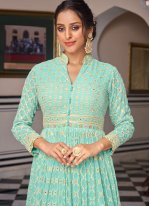 Astounding Resham Aqua Blue Designer Salwar Suit 