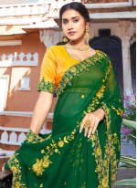 Attractive Faux Chiffon Embroidered Green Designer Saree