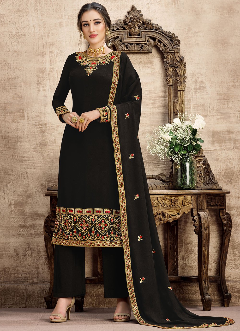 Pant Suits : Black georgette print and sequence work pant ...
