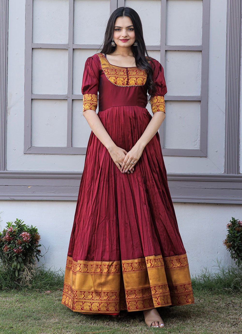 Attractive Maroon Silk Trendy Gown