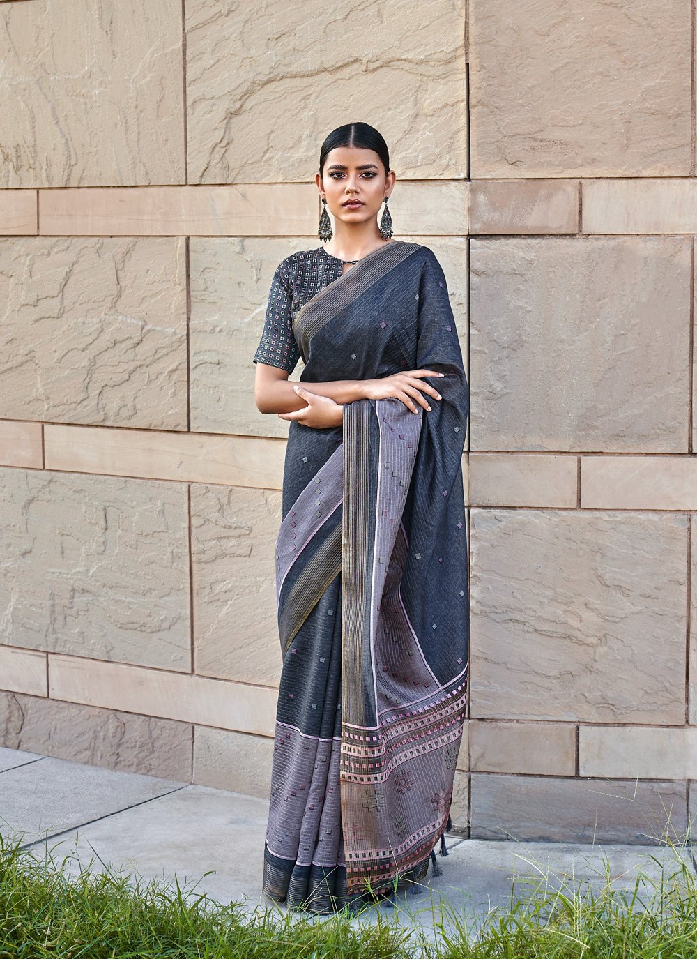 Auspicious Digital Print Grey Silk Classic Saree