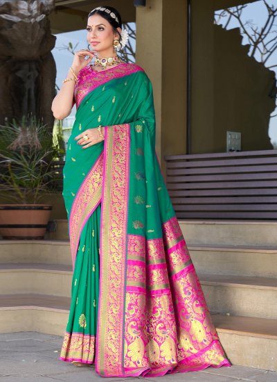 Auspicious Rama Woven Silk Contemporary Style Saree