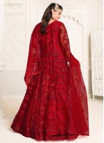 Auspicious Red Resham Designer Floor Length Suit