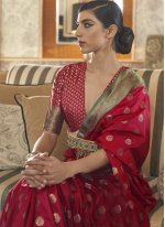 Auspicious Weaving Red Tussar Silk Designer Traditional Saree
