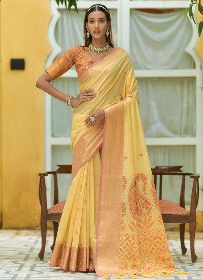 Auspicious Yellow Zari Contemporary Saree