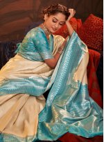 Awesome Blue and Cream Engagement Classic Saree