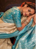 Awesome Blue and Cream Engagement Classic Saree