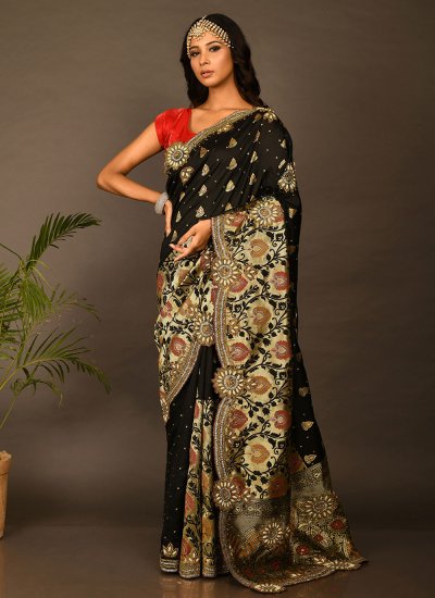 Awesome Embroidered Kanchipuram Silk Black Silk Saree