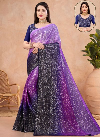 Awesome Georgette Black and Purple Sequins Contemporary Saree