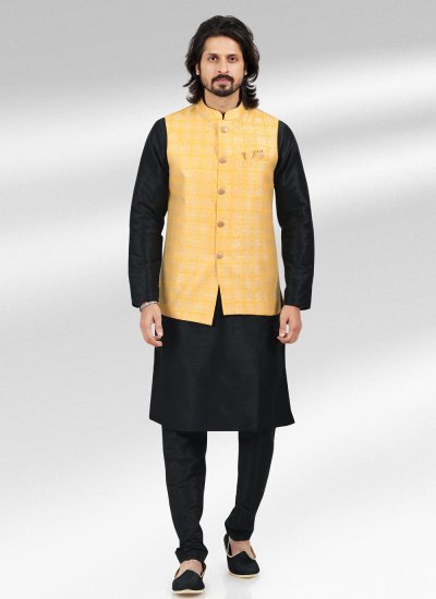 Banarasi Jacquard Black and Yellow Fancy Kurta Payjama With Jacket