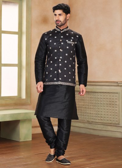Banarasi Jacquard Black Embroidered Kurta Payjama With Jacket