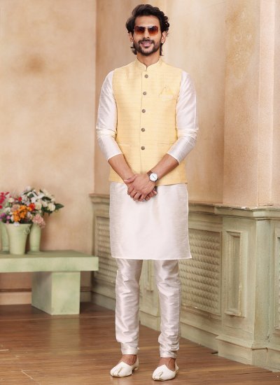 Banarasi Jacquard Embroidered Cream and Yellow Kurta Payjama With Jacket