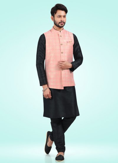 Banarasi Jacquard Fancy Black and Pink Kurta Payjama With Jacket
