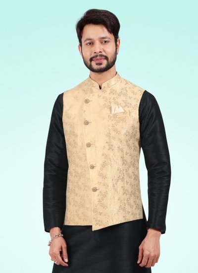 Banarasi Jacquard Fancy Kurta Payjama With Jacket in Black and Gold
