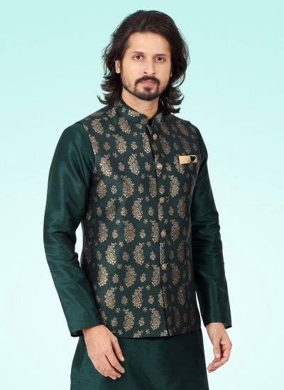 
                            Banarasi Jacquard Green Fancy Kurta Payjama With Jacket
