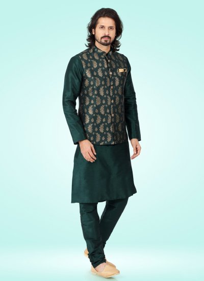 Banarasi Jacquard Green Fancy Kurta Payjama With Jacket