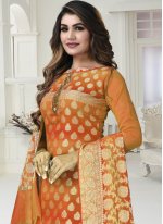 Banarasi Jacquard Weaving Straight Salwar Suit in Orange