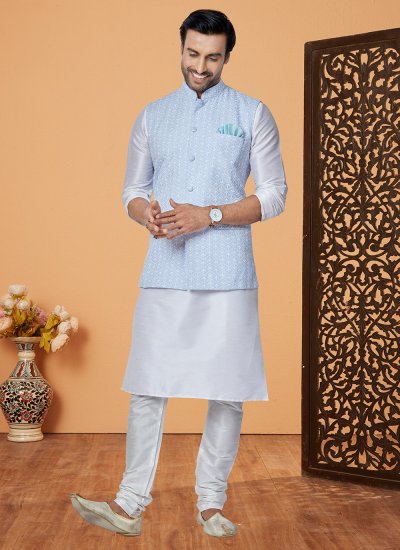 Banarasi Silk Aqua Blue and Off White Fancy Kurta Payjama With Jacket