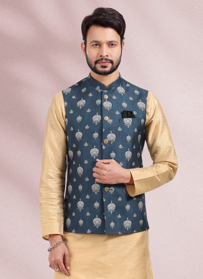 Banarasi Silk Beige and Blue Kurta Payjama With Jacket