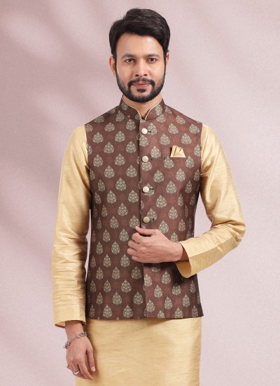 
                            Banarasi Silk Beige and Brown Kurta Payjama With Jacket