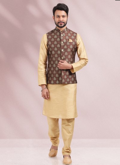 Banarasi Silk Beige and Brown Kurta Payjama With Jacket