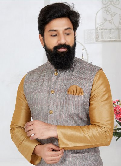 Banarasi Silk Beige and Grey Kurta Payjama With Jacket