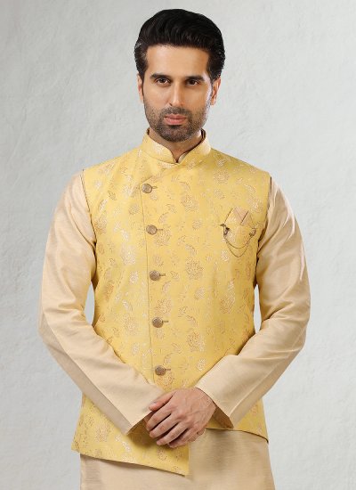 Banarasi Silk Beige and Yellow Jacquard Work Kurta Payjama With Jacket