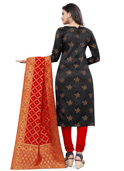 
                            Banarasi Silk Churidar Suit in Black