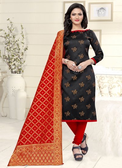 Banarasi Silk Churidar Suit in Black