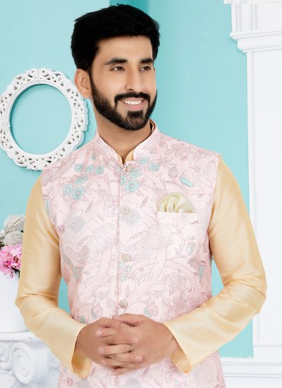 Banarasi Silk Cream and Pink Embroidered Kurta Payjama With Jacket