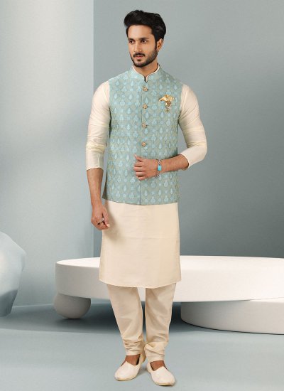 
                            Banarasi Silk Cream and Turquoise Kurta Payjama With Jacket