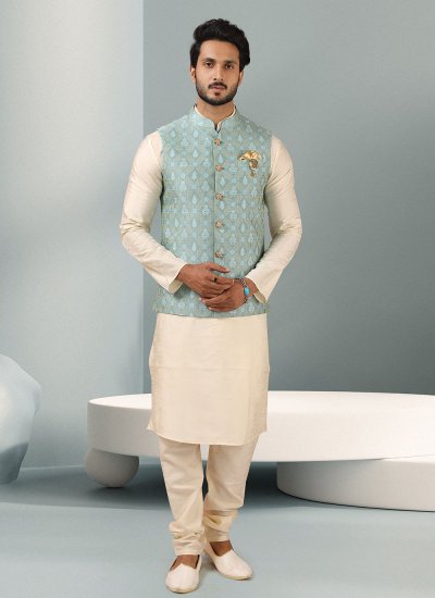 Banarasi Silk Cream and Turquoise Kurta Payjama With Jacket