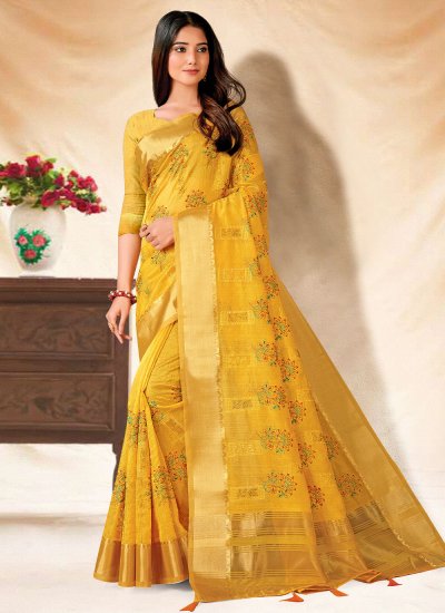 Banarasi Silk Embroidered Contemporary Saree in Yellow