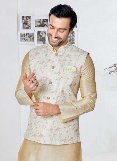 Banarasi Silk Embroidered Kurta Payjama With Jacket in Cream and Multi Colour