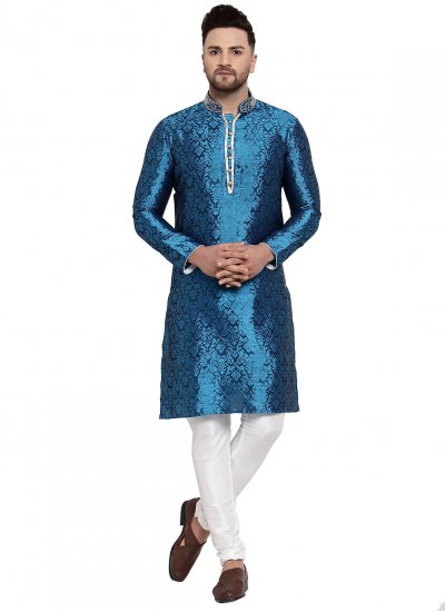 Banarasi Silk Embroidered Kurta Pyjama in Blue