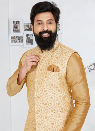 Banarasi Silk Fancy Beige and Cream Kurta Payjama With Jacket
