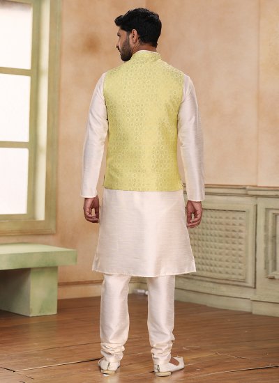 Banarasi Silk Fancy Cream and Yellow Kurta Payjama With Jacket